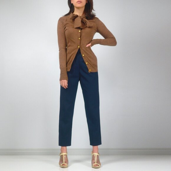 Pink Tartan Merino Wool Caramel Cardigan with Gold Buttons & Tie Neck, sz XS - Picture 2 of 13